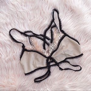 FOR LOVE & LEMONS Skivvies Pretty Nude Peach Black Ribbed Lace Strappy Bralette